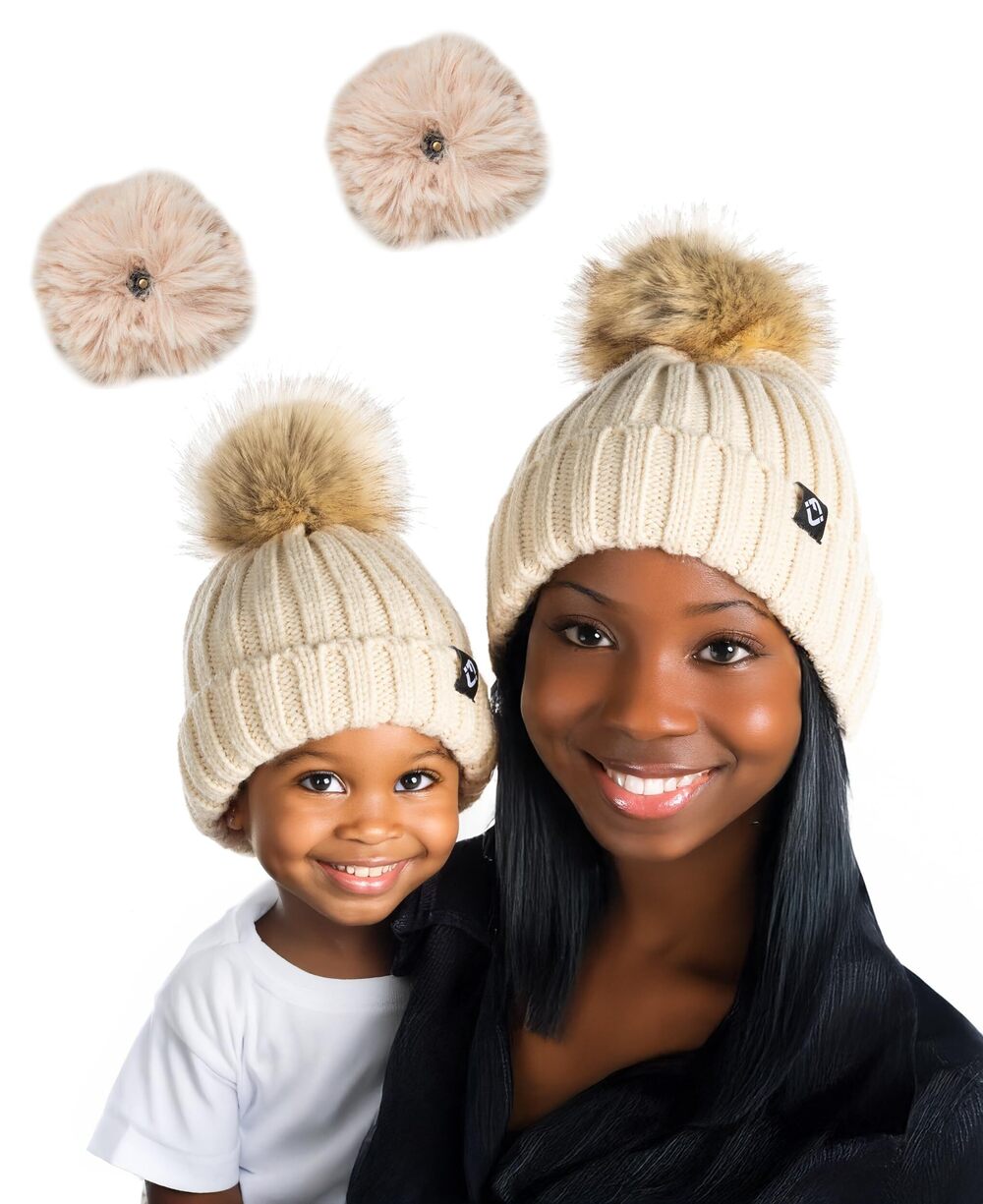 7327 Mommy and Me Matching Winter Hats, Pom Pom Beanie Set for Mom and Baby